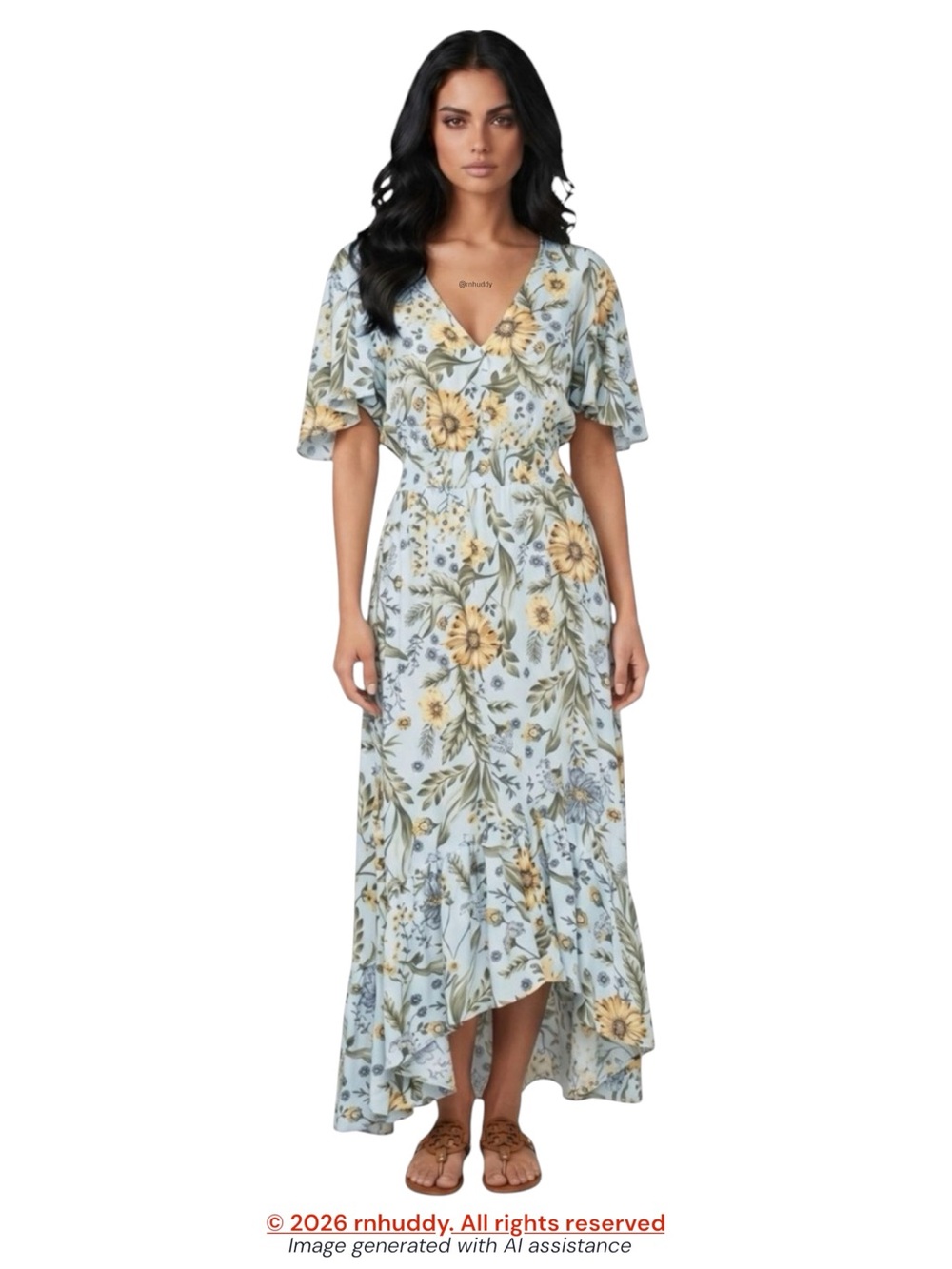 Abel The Label (Anthro) XS blue floral high low maxi dress